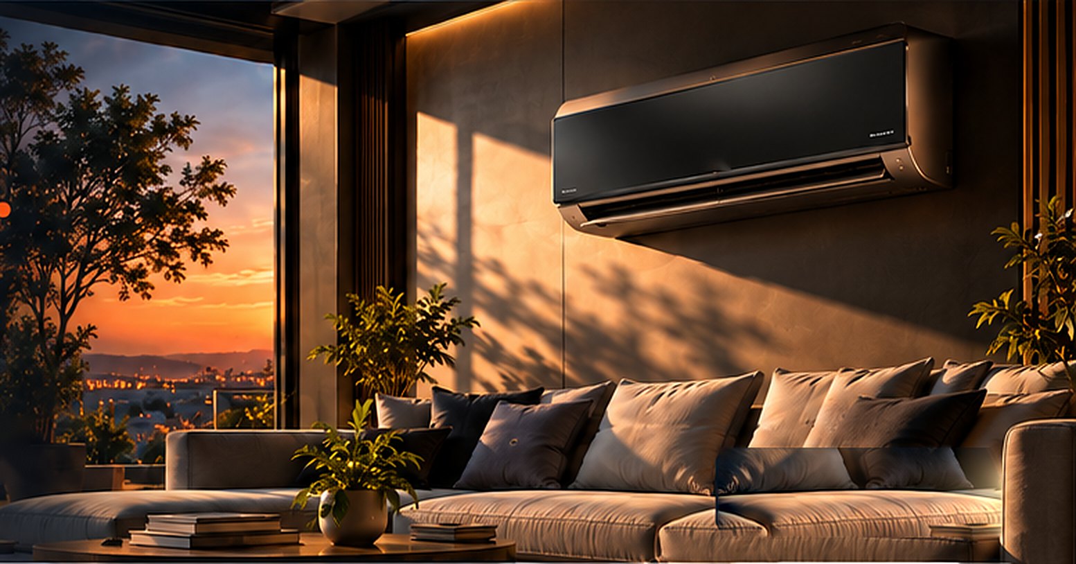 Moderne woonkamer bij zonsondergang met een zwarte wandairco boven de bank